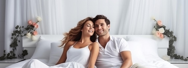 una joven y alegre pareja abrazándose en la cama