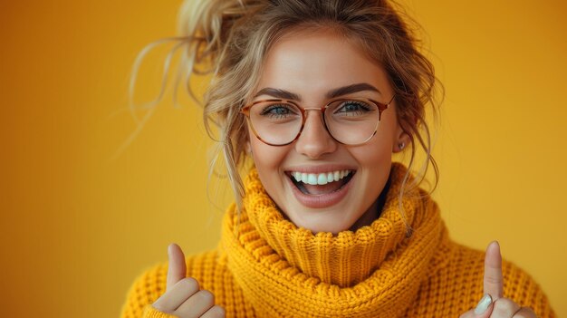 Una joven alegre con un suéter amarillo levanta dos pulgares para expresar su positividad