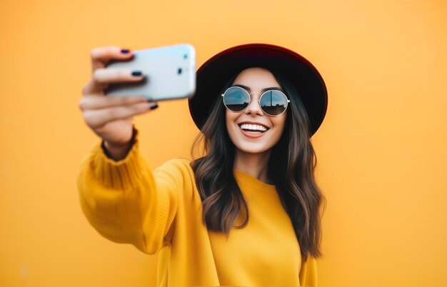 Una joven alegre con un suéter amarillo y un sombrero de borde ancho tomando una selfie