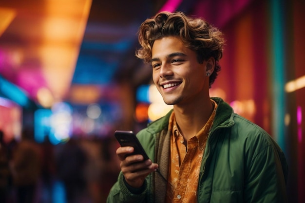 Un joven alegre con un teléfono en la mano