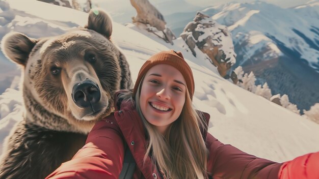 Una joven alegre tomando una selfie con un oso en las montañas de invierno