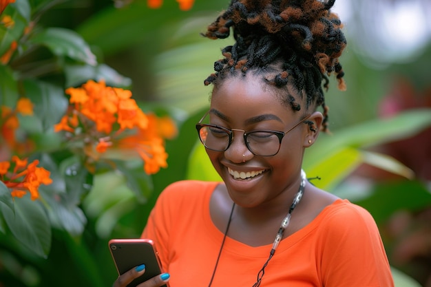Una joven alegre usando un teléfono inteligente en un jardín tropical