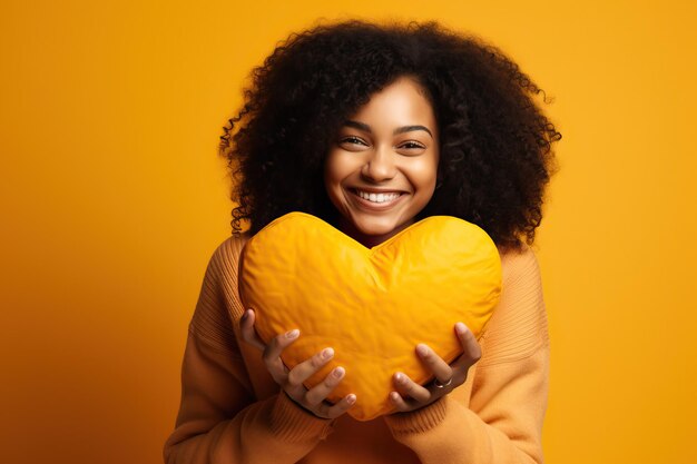 joven con una almohada en forma de corazón contra un fondo naranja