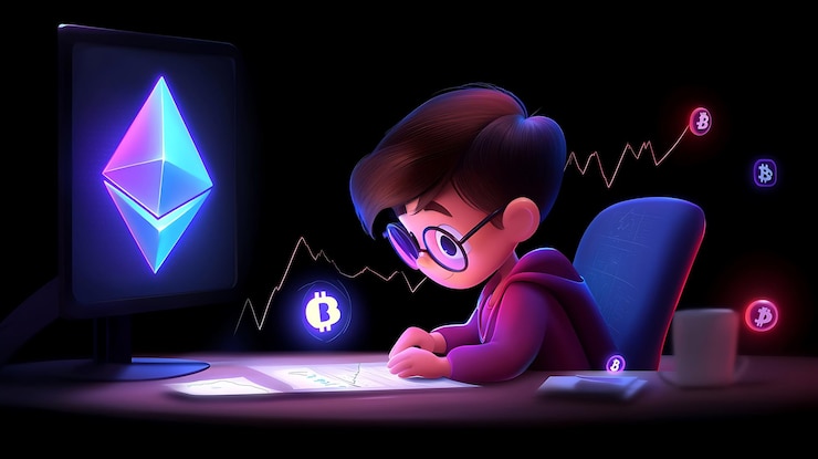 Foto joven analizando las tendencias del mercado de criptomonedas en la computadora