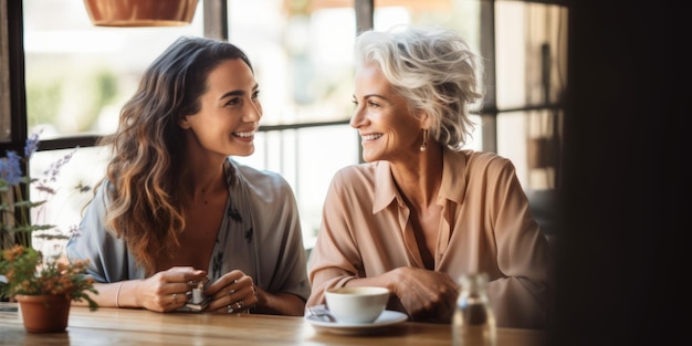 Joven y anciano Dos mujeres están sentadas en el interior junto a la mesa hermosa imagen de ilustración