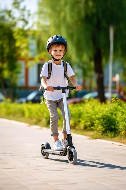 Un joven andando en scooter por una acera.