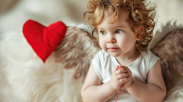 Joven angélico con alas de Cupido con un corazón rojo vívido