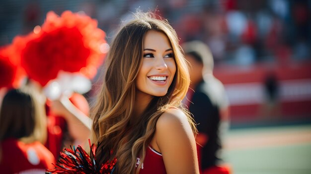 Foto una joven animadora sonriente con pompones rojos vibrantes en un evento deportivo que irradia emoción y espíritu de equipo