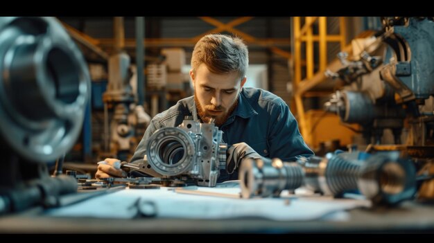 Un joven apasionado en un garaje trabajando con piezas de automóviles y máquinas AIG41