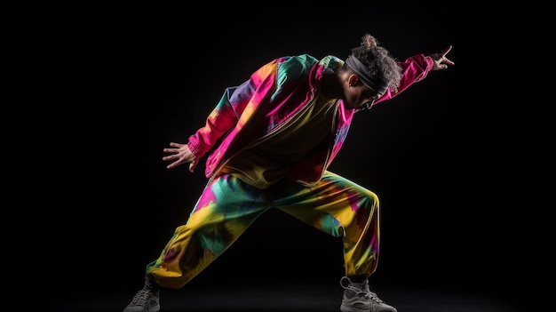 Un joven y apuesto bailarín de hip hop con ropa colorida de gran tamaño IA generativa