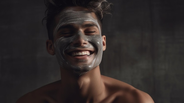 Un joven apuesto feliz y sonriente con una máscara facial de belleza AI generativa