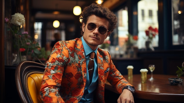 Un joven apuesto hombre barbudo con barba elegante con gafas de sol y chaqueta elegante se sienta en el bar