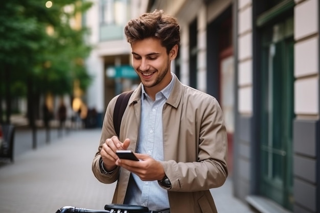 Joven apuesto hombre caminando con bicicleta y teléfono inteligente en una ciudad Estudiantes sonrientes con bicicleta sonriendo y sosteniendo teléfono móvil Conexión de estilo de vida moderno viaje concepto de negocios informal