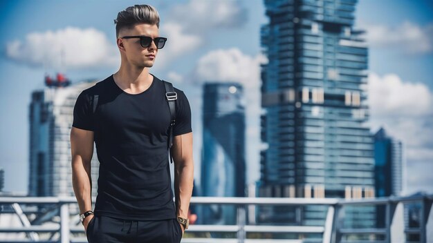 Un joven apuesto hombre de moda con un corte de pelo elegante en gafas de sol vestido con una camiseta negra