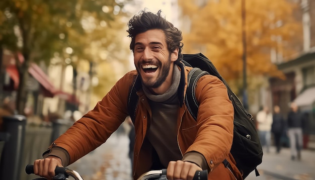 Joven apuesto hombre montando bicicleta en la calle otoño