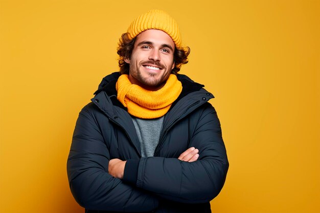 Foto joven apuesto hombre vestido con ropa de invierno cara feliz sonriendo con los brazos cruzados mirando a la cámara