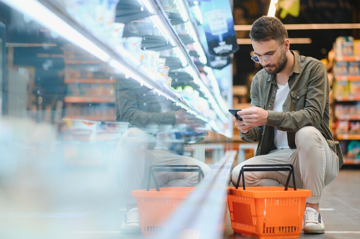 Foto un joven apuesto revisa los refrigeradores en busca de alimentos congelados en el supermercado