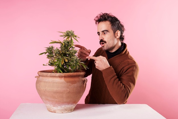 Foto un joven apuntando con el dedo a una planta de cannabis sobre un fondo rosado
