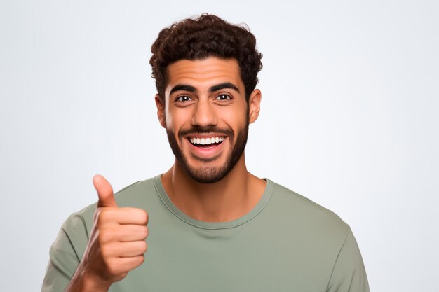 Foto un joven árabe alegre promueve la salud dental sonriendo y señalando sus dientes que transmiten