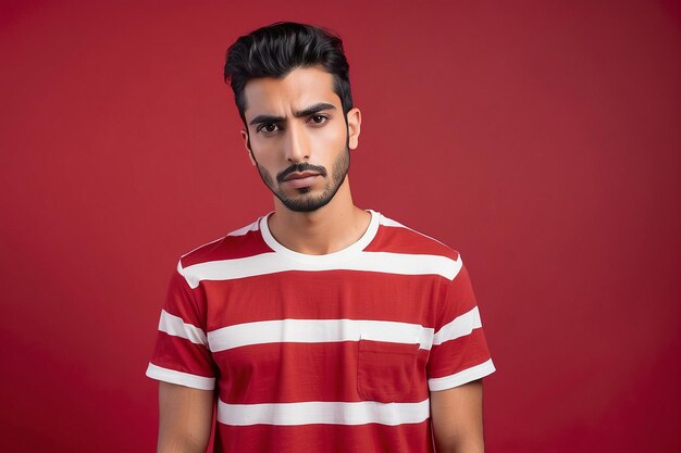 Un joven árabe guapo con una camiseta a rayas sobre un fondo rojo aislado