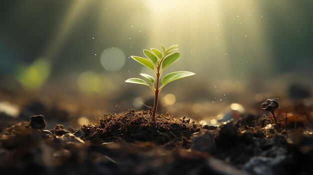 joven árbol verde brota en un fondo azul borroso idea negocio inicio de inversión éxito
