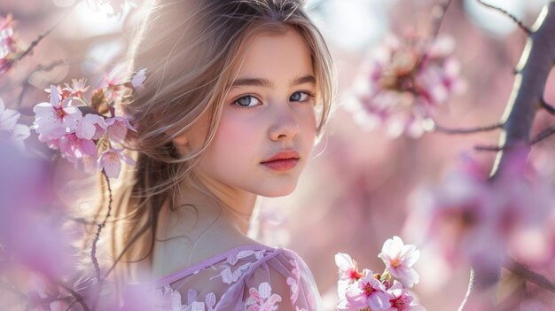 Una joven con árboles de cerezas en flor en el fondo