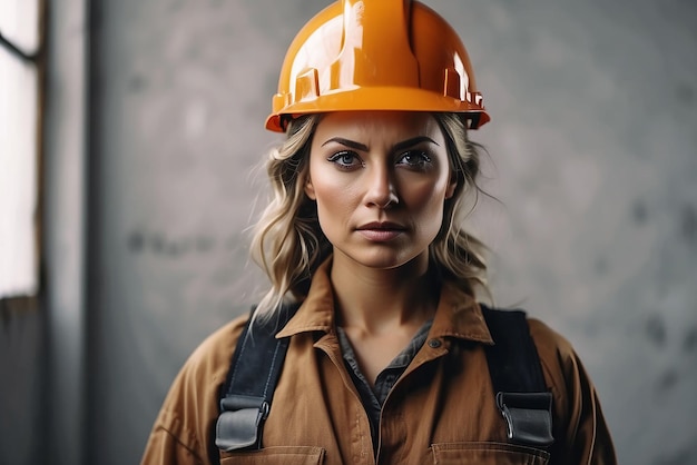 Joven arquitecta con uniforme y casco