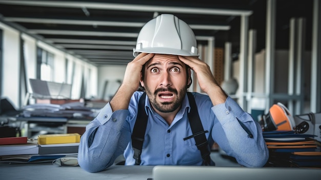 Foto joven arquitecto con casco muestra signos de ansiedad mientras trabaja en la oficina
