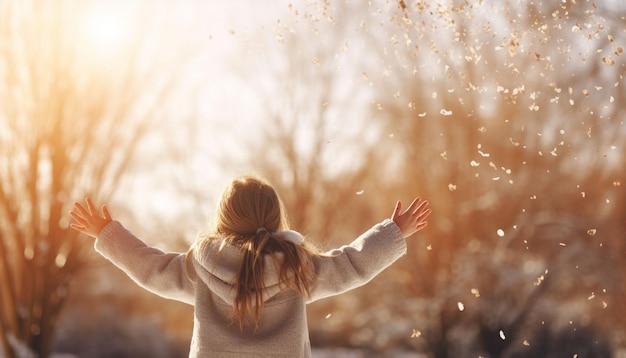 joven arrojando nieve en el aire en el sol