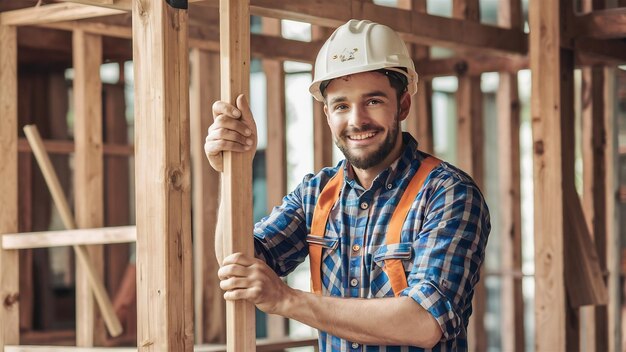 Joven artesano construyendo una casa