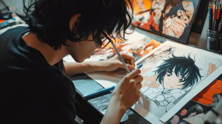 Joven artista dibujando un personaje de manga en el escritorio con otras obras de arte