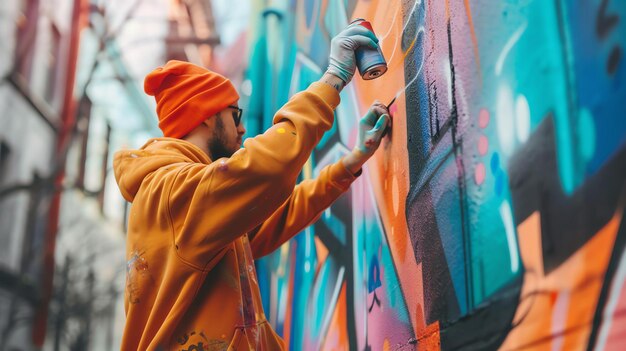 Foto un joven artista con un gorro naranja brillante y un spray de capucha a juego pinta un mural colorido en una pared de ladrillo