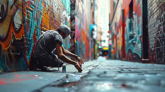 Foto el joven artista de graffiti está ocupado en el trabajo creando una nueva pieza de arte urbano en la pared de la ciudad