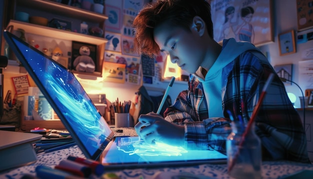 Joven artista con IA Muse en el acogedor estudio AIG60