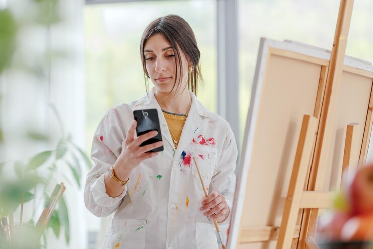 Foto joven artista mirando su obra de arte