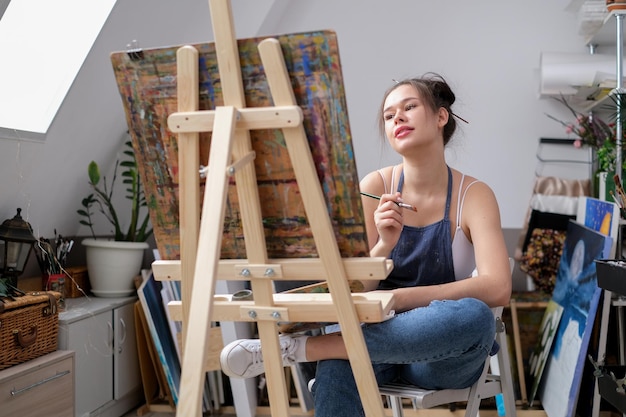 Una joven artista pinta un cuadro con aceite en lienzo en un estudio de arte