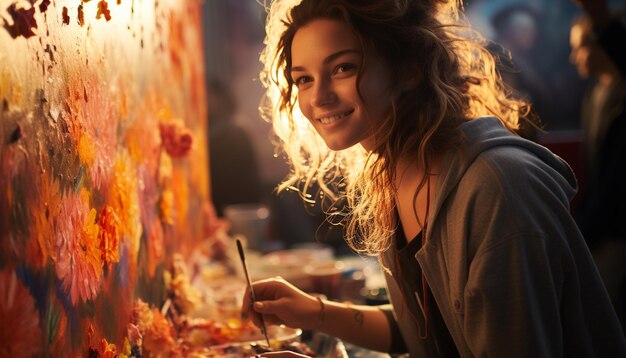 Una joven artista pintando al aire libre sonriendo con la creatividad generada por la IA