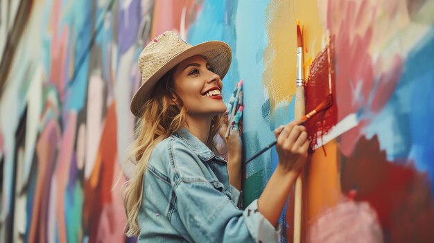 Una joven artista con un sombrero de paja y una chaqueta de vaqueros está pintando un mural colorido en una pared Ella está sonriendo y sosteniendo un pincel en la mano