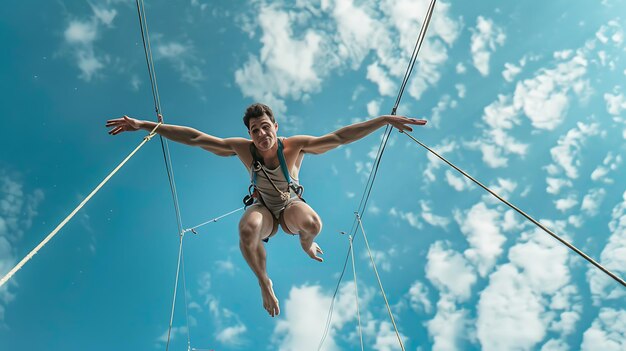 Foto un joven artista de trapecio está suspendido en el aire con los brazos extendidos y el cuerpo paralelo al suelo