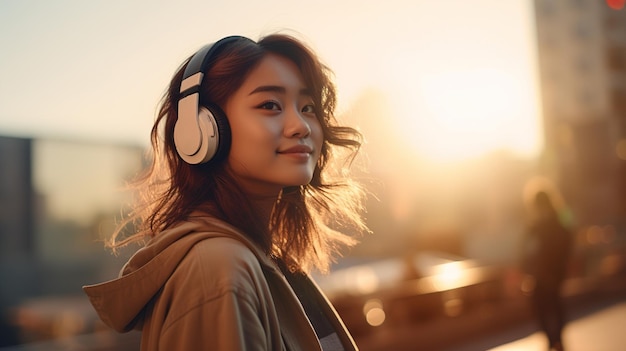 Una joven asiática con auriculares escucha música con el telón de fondo de una ciudad al atardecer Foto de alta calidad