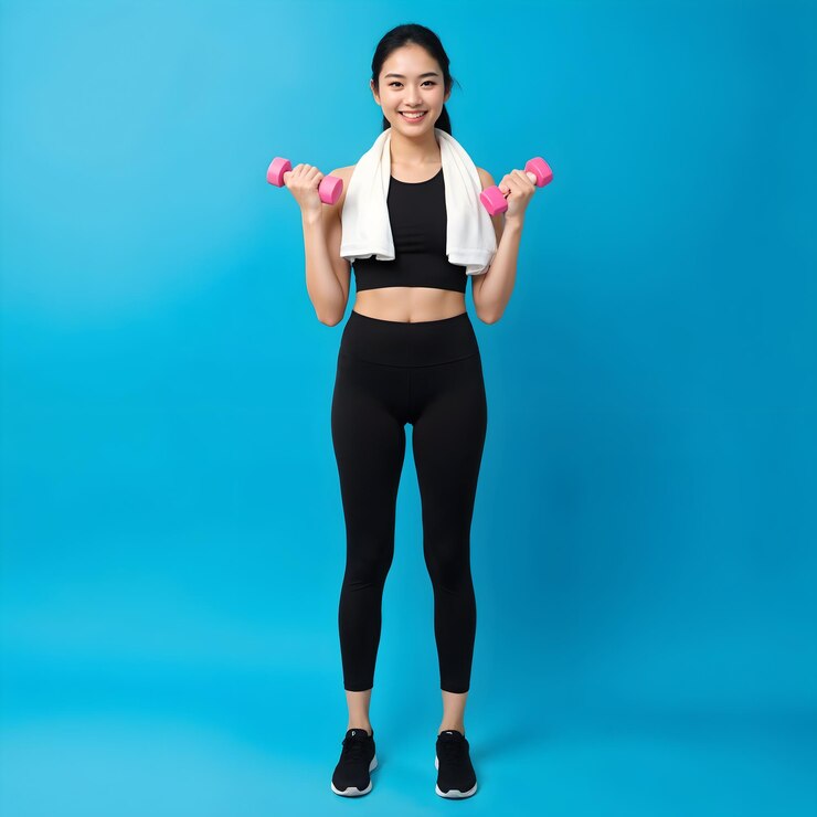 Una joven asiática con el cabello largo y negro usando un sostén deportivo negro sosteniendo pesas rosas
