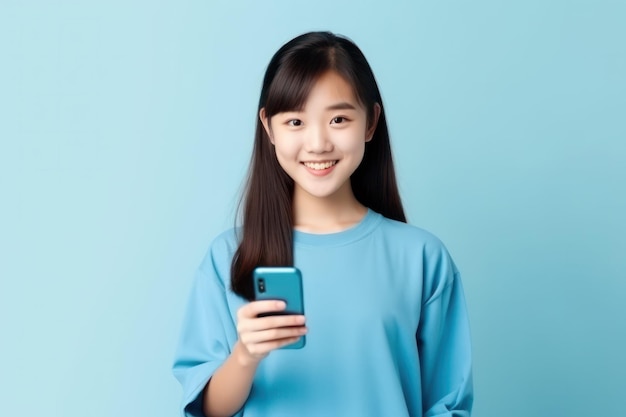 Joven asiática con camisa azul sostiene un teléfono inteligente con energía vibrante, estilo de vida moderno y concepto de conectividad