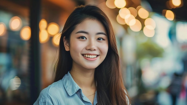 Una joven asiática con una camisa sonríe y mira hacia otro lado