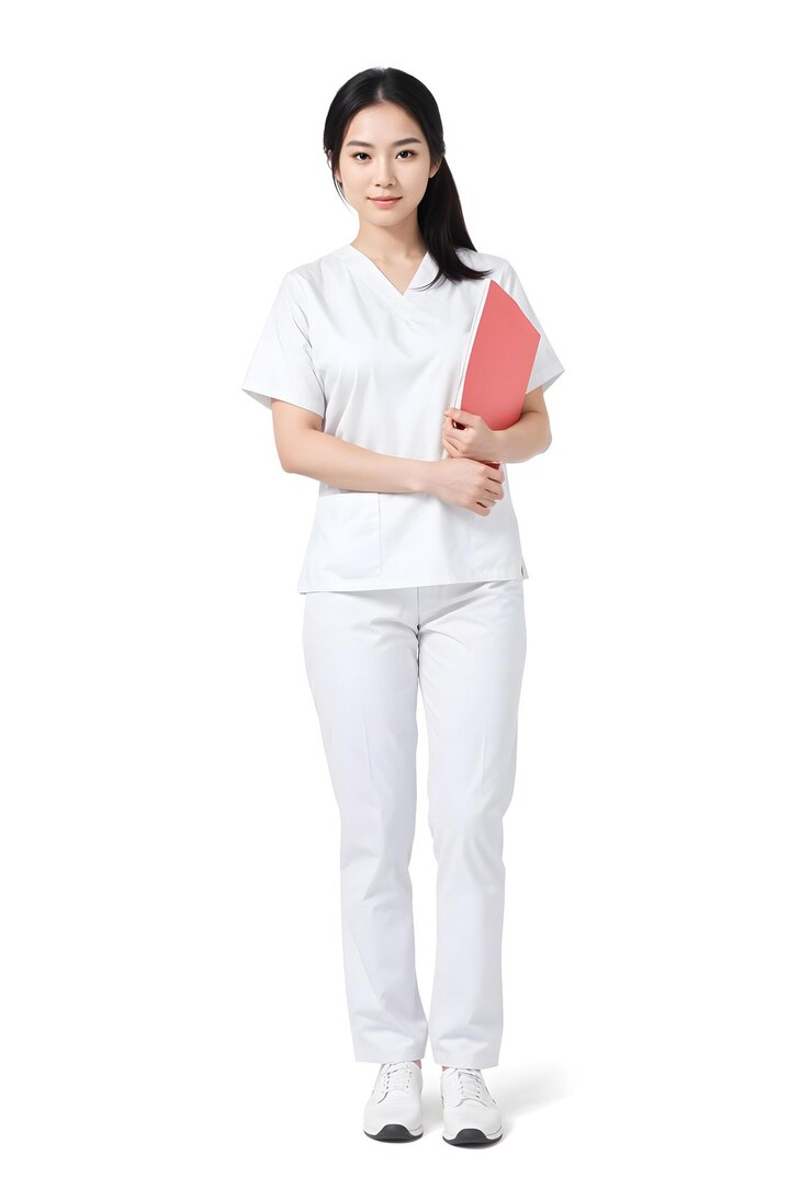Una joven asiática con una camiseta médica blanca y pantalones de pie en una postura neutral