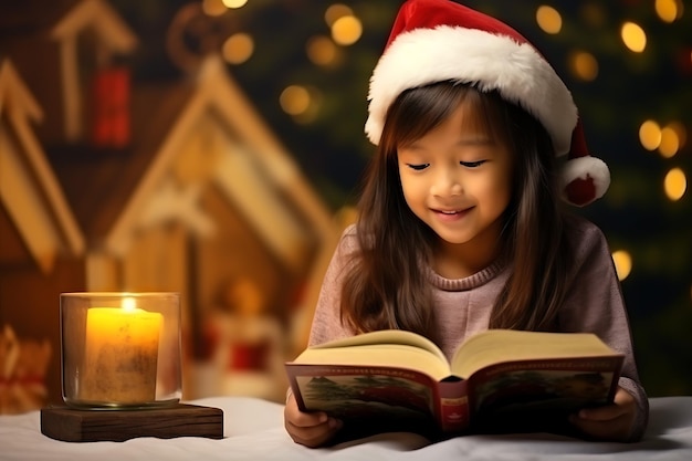 Una joven asiática como narradora de cuentos de Navidad compartiendo cuentos junto a un fuego cálido
