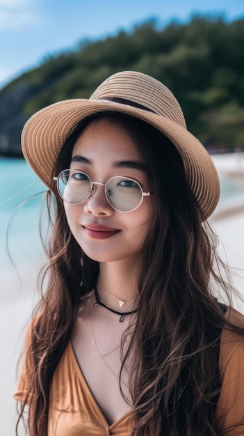 Una joven asiática disfrutando de sus vacaciones sola.