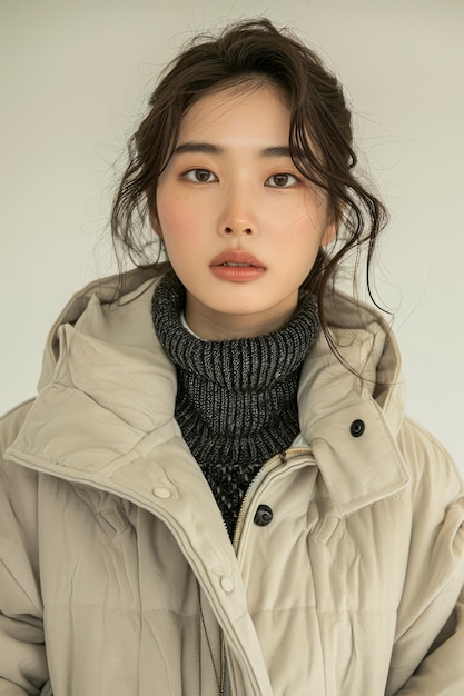 Una joven asiática elegante posando en ropa de invierno de moda con fondo neutro