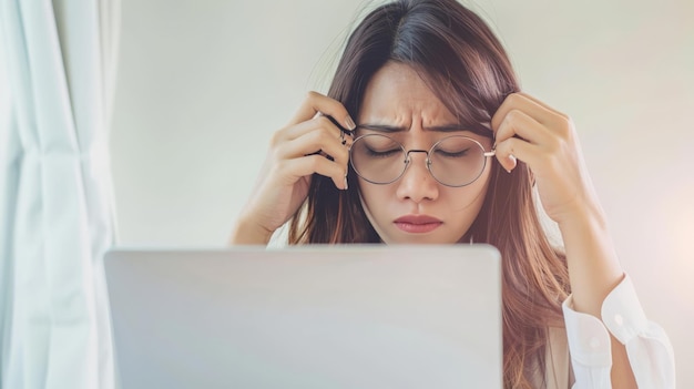 Una joven asiática está estresada y cansada del trabajo estaba sosteniendo gafas en un escritorio blanco con una computadora portátil en la oficina