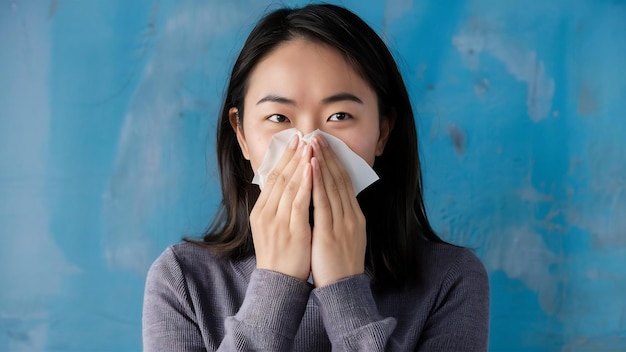 Una joven asiática se está limpiando la nariz con un pañuelo.