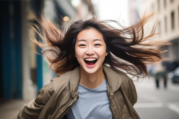 una joven asiática con una expresión feliz y exitosa